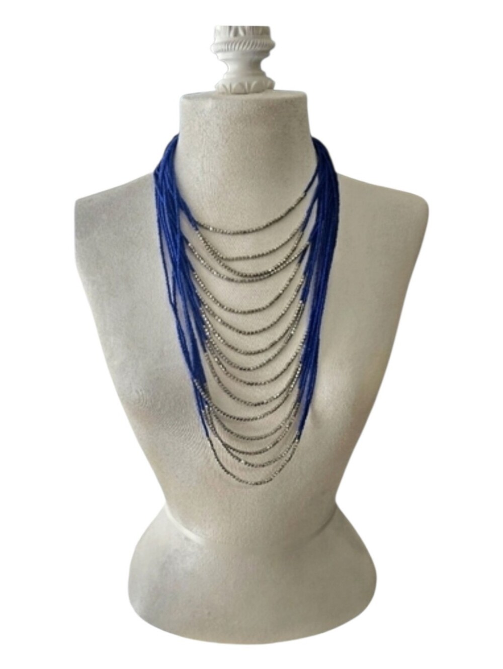 Chaps Multi-Strand Beaded Statement Silver/Blue Boho Chic Necklace